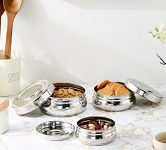 Amazon Brand – Solimo Steel Flat Canisters/Puri Dabba/Storage Containers, Set Of 3, (350 Ml, 450 Ml, 620 Ml, Stainless_Steel)