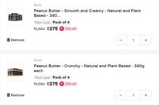 [ LOWEST ]  4 x Auric Peanut Butter – Crunchy – Natural and Plant Based – 340g each (1.2KG)  at ₹375 + Free ShippingCRUNCHY :  CREAMY :   PC :  Amz , Fkrt at ₹912