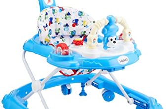 Amazon Brand – Solimo Baby Walker With Push Handle, Blue (Fabric Print May Vary)