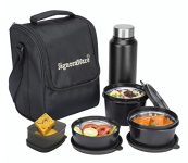 Signoraware Monarch Premium Microwave Safe Lunch Box (3 Stainless Steel Containers + Pickle Box + Steel Bottle + Insulated Bag) (500Ml+350Ml+200Ml+100Ml +700Ml Bottle, Set Of 5, Black Office Series)