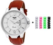 Asgard Men’S Day & Date Feature Analog White Color Dial Watch With Freebie Usb Spiral Charger Cable Protector (White Colored Dial Brown Strap)