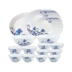 Larah By Borosil Blue Cascade Opalware Dinner Set, 33-Pieces, White