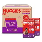 Huggies Complete Comfort Wonder Pants Large (9-14Kg) Size Baby Diaper Pants 128 Count Monthly Pack, With 5 In 1 Comfort