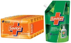 Savlon Herbal Sensitive Ph Balanced Liquid Handwash Refill Pouch, 725Ml & Savlon Moisturizing Glycerin Soap Bar With Germ Protection, Pack Of 5-125G Each