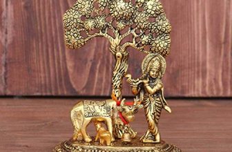Kridaykraft Prince Home Decor & Gifts Metal Krishna With Cow Standing Under Tree Plying Flute (Gold, 12.5X8X16Cm), 1 Piece