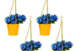 Klassic Hanging Bucket Style Metal Planter Pot With Chain (Yellow, Set Of 4)