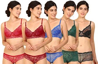 Fashion Comfortz Women Net Bra Panty Set For Lingerie Set (Pack Of 5) (Color : Red,Maroon,Blue,Green,Black) (Pattern : Floral Print) (Size : 32)
