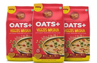 Yogabar Veggie Masala Oats | Masala Oats With 3X More Veggies, Pumpkin, Watermelon And Chia Seeds That Helps Reduce Cholesterol | 400Gm Each ( Pack Of 3 )