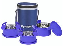 Signoraware 500Ml+350Ml+350Ml Smart Microwave Safe Twin Executive Big Stainless Steel Lunch Box With Bag, Food Grade Bpa Free Conatiners, Air Tight Sleek Leak-Proof Lid Tiffin Boxes (Set 3 Violet)