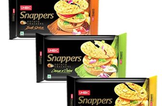 Unibic Snappers, Assorted Pack | Potato Crackers | Cream N Onion, Indi Spice, Achari Mango | (Pack Of 3), 900G | Potato Biscuits