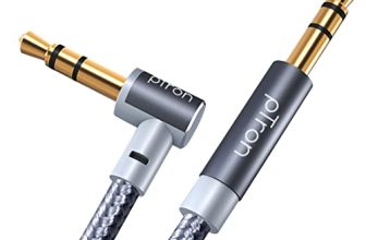 Ptron 3.5Mm Male To Male Stereo Aux Cable, Compatible With Smartphones/Tablets, 90 Degree Gold-Plated Connectors, Solero A15 Tangle-Free Metal Shell Audio Cable (Nylon Braided, 1.5M, Grey)