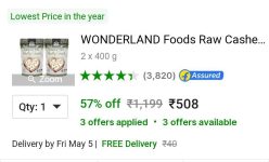 GRAB : Premium Cashews, 800g at ₹508 / ₹565.⚡️ Add To Cart Price Will Changed.