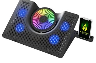 Archer Tech Lab, Squall 100 Rgb Gaming Laptop Cooling Pad With Aluminium Metal Grid, 5 Turbo Fans, Powered By Usb Port, 5 Adjustable Angles, 2-Place Adjustable Phone Holder (Supports Up-To 17″ Laptop)