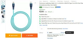 Portronics Lightning Cable 3 A 1 m SILICO-L 20W PD Type C to 8 Pin Fast Charging at ₹299