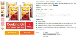Saffola Active Refined Cooking Rice Bran & Soyabean Blended Oil Pouch (4 x 1 L) at ₹576