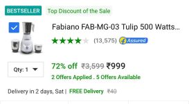 500 Watts Mixer Grinder (3 Jars) at ₹999