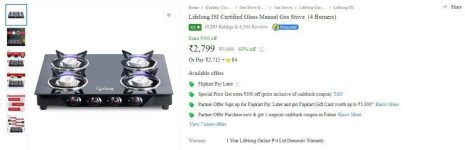 Lifelong Glass Manual Gas Stove (4 Burners) at ₹2,799