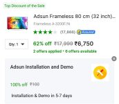 Adsun Frameless 80cm ( 32 Inch ) HD Ready LED TV at ₹6,750 + Bank Offer