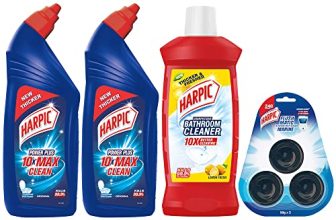 Harpic Disinfectant Toilet Cleaner Liquid, Original – 1 L (Pack Of 2) & Disinfectant Bathroom Cleaner Liquid, Lemon – 1L & Flushmatic In-Cistern Toilet Cleaner Blocks, Marine – 150 G