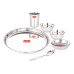 Attro 6 Pieces Smart Stainless Steel Dinnerware/Dinner Set – 1 Thali, 1 D.Plate, 2 Bowl, 1 Glass, 1 Spoon, Kitchen Set For Home, Restaurants, Family – Silver
