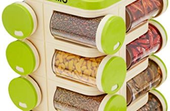Amazon Brand – Solimo Revolving Plastic Spice Rack Set (16 Pieces, Silver)