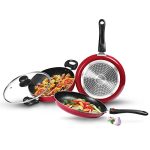 Milton Pro Cook Kitchen Jewel Set Of 3 (Fry Pan 24 Cm/1.6 Litres; Kadhai 24 Cm/2.5 Litres With Glass Lid & Tawa 25 Cm), Maroon | Induction Safe | Dishwasher Safe | Hot Plate | Flame Safe | Non-Stick