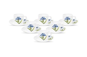 La Opala Diva, Opal Glass Coffee Cup & Saucer Set Cylinder 12 Pcs, Royal Iris, White