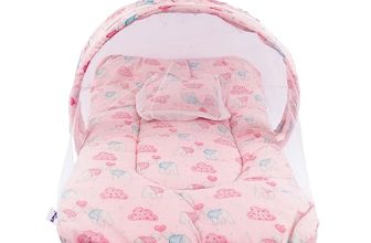 Bumtum Baby Bed, Mosquito Net & Neck Pillow, Baby Gadda Set For New Born, 0-6 Month, Printed Baby Bedding, Baby Bear Sleeping Bed Of 71Cm X 47Cm X 5Cm, Light Pink, Cotton, Free Size