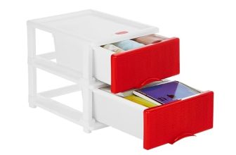 Amazon Brand – Solimo Premium Plastic Multipurpose Modular Drawer For Home And Office – Small (2 Racks, Red, Rattan Design)