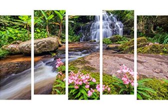 Paper Plane Design Waterfall Scenery View Picture Split Panels Photo Frames Set (Multicolor, 27 X 50 Inches, 5 Frame)