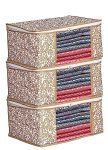 Perpetual Saree Organizer For Wardrobe – Foldable Saree Covers With Zip, Multipurpose Storage Bag For Suit, Lehanga, Dress Packing With Transparent Window Pack Of 3 Pcs. (Beige)