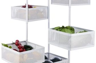 Amazon Brand – Solimo Five-Tier Square Trolley With Baskets, Rotating, Wire Mesh Baskets, Magnetic Closure, Portable (White) – Mid-Steel