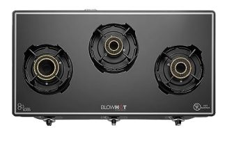 Blowhot Premium Design Emerald Heavy Tornado Brass 3 Burner Auto Ignition Gas Stove – Toughened Glass Cook Top – Black Coated Body 2 Year Warranty On Burner,Isi Certified Gas Stove Valve Glass