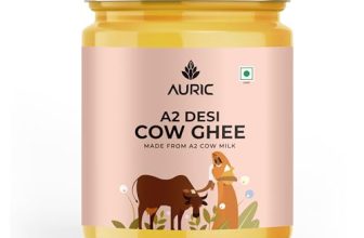 Auric A2 Bilona Desi Cow Ghee 1L – Vedic Bilona Method – Traditional Curd Churned – Lab Tested – Organically Made Danedar Ghee – Grass Fed Sahiwal And Gir Cow – Glass Jar