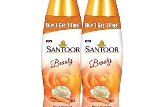 Santoor Beauty Perfumed Talc With Sandalwood Extracts| Sandal, Rose, Musk & Geranium Mint Fragrance| Absorbs Excess Moisture| Dermatologically Tested| For All Skin Types (150G, Pack Of 2)
