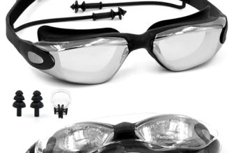 Slovic Black Swimming Goggles For Men & Women With Silicon Nose Bridge | Anti-Fog Glasses, Leak-Proof, Easy To Adjust Push-Button Straps With Ear Plugs & Nose Clip | Uv-Protected Swimming Goggle Kit