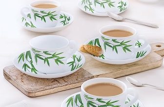 Larah By Borosil Bamboo Leaves Opalware Cup And Saucer Set Of 12 Pcs | Tea/Coffee Cups 90 Ml | Microwave & Dishwasher Safe | Bone-Ash Free | Crockery Set Ideal For Daily Use & Gifting, White
