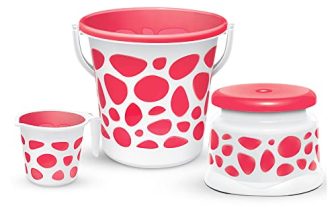 Milton Plastic Duplex Spa 3 Piece Set, Red | 25 Litres Bucket With Mug & Stool | Bathroom Accessory Set