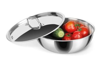 Milton Pro Cook Tri-Ply Stainless Steel Tasla With Lid, 26 Cm / 3.6 Litre, Kadai/Tasra, Even Heat Distribution, Easy To Clean, Induction Gas Stove Compatible, Silver, 3 Years Warranty