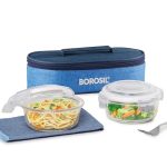 Borosil Prime Lunchbox With Bag | 2Pc Round Container Set (400Ml Each) | Made In India Borosilicate Glass Tiffin | Microwave & Dishwasher Safe Lunch Box For Office, College & School | Horizontal