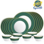 Cello Pack Of 18 Opalware Solitaire Series Emerald | Extra Strong | Light Weight | Dishwasher Safe | Dinner Set(Green, Microwave Safe)