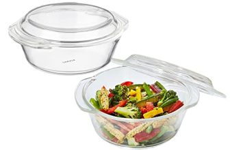 Amazon Brand – Solimo Borosilicate Glass Casserole-Cum-Serving Bowl With Lid | Set Of 2 | Safe For Use In Oven And Microwave | Deep Round | 1000 Ml + 1500 Ml