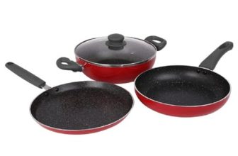 Prestige Omega Deluxe Granite Non-Stick Cookware 3 Pc Set| Pfoa Free 5-Layer Coating | Omni Tawa 25 Cm | Fry Pan 24 Cm | Kadai With Glass Lid 24 Cm | Crimson Red