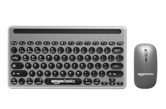 Amazon Basics Wireless Keyboard And Mouse Set With Bluetooth Multiconnect, 2.4Ghz Receiver,1600 Dpi, Smartphone/Tablet Holder, Built In Rechargeable Battery