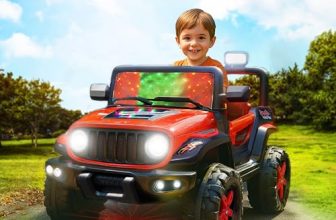 Kidsmate Power Ride Battery Operated Baby Car Jeep For Kids | 4 Wheel Remote Control Car With Rgb Lights, Music & 12V Rechargeable Battery | Perfect Ride-On Toy For Boys & Girls Ages 3-8 Yr (Red)