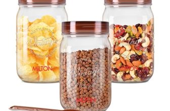 Milton Vintage Airtight Containers With Spoons For Kitchen Storage, Food Grade Plastic, Stackable & Transparent Organizer Jars, Masala Dabba, Set Of 3 (750Ml Each) For Tea, Coffee, Sugar, Dry Fruits