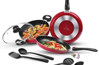 Milton Pro Cook Kitchen Pride Plus Granito I Set Of 7 Non Stick Cookware | Non Induction I Cooking Pan, Kadhai With Lid, Tawa, Nylon Laddle & Spatula I Maroon Metallic