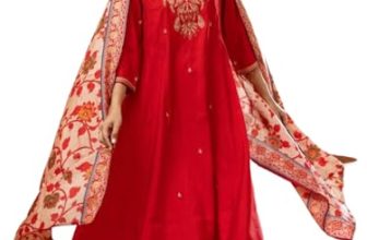 Klosia Women Embroidery Kurta And Pant Set With Dupataa (In, Alpha, Xl, Red)