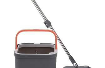 Bonkaso 360° Spin Mop With Square Bucket Deluxe System Set And Reusable Microfiber Pads For Wet & Dry Glass, Wall, Tile And Home Floor Cleaning – Grey And Orange