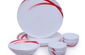 Larah By Borosil – Moon Series, Red Stella 10 Pieces Opalware Dinner Set, White